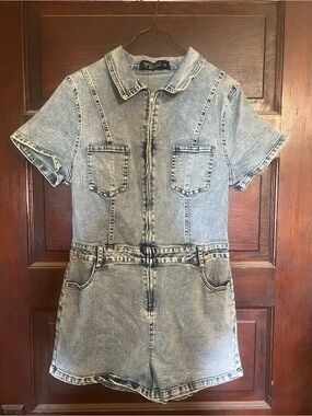 Lucky & Blessed Light Blue Acid-Wash Denim Romper Dress